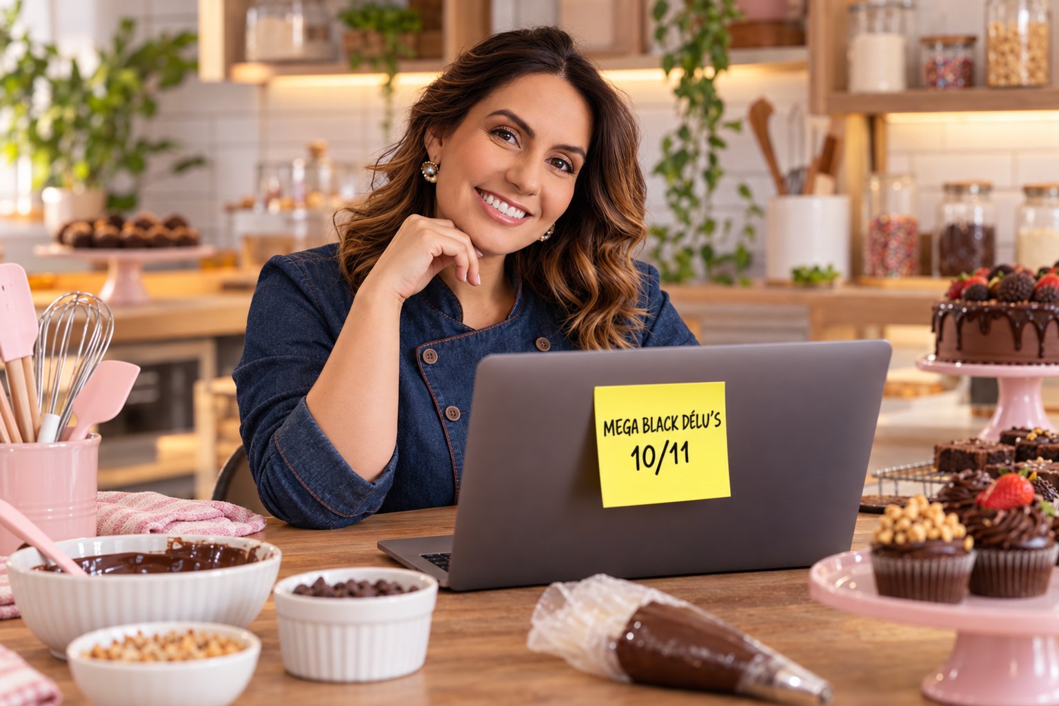 Débora Vasconcelos na cozinha, com um post-it da Mega Black Délu’s 10/11 no notebook